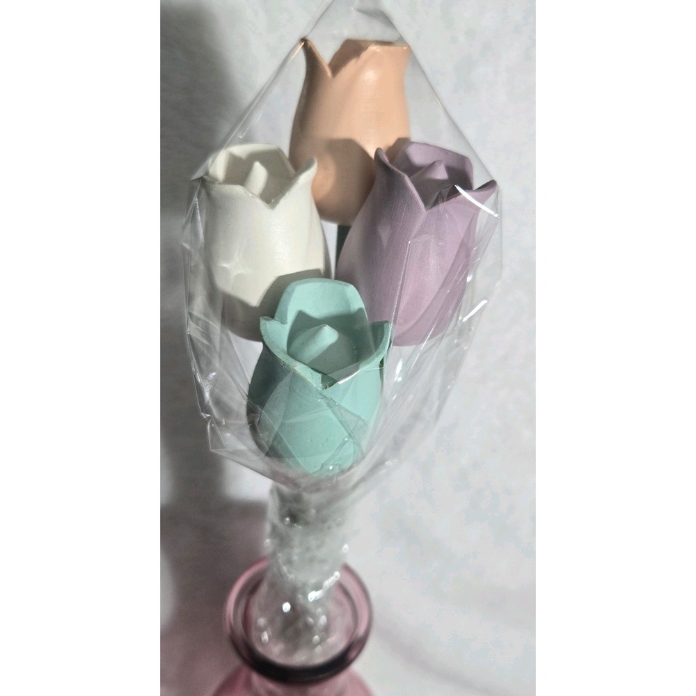 Vintage Handcrafted Wooden Tulips Painted Matte Pastel Colors Set Of 4